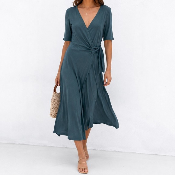 Lulus Dresses & Skirts - Lulus Slate Blue Green Maxi Wrap Dress Womens Small V-Neck Short Sleeve Party